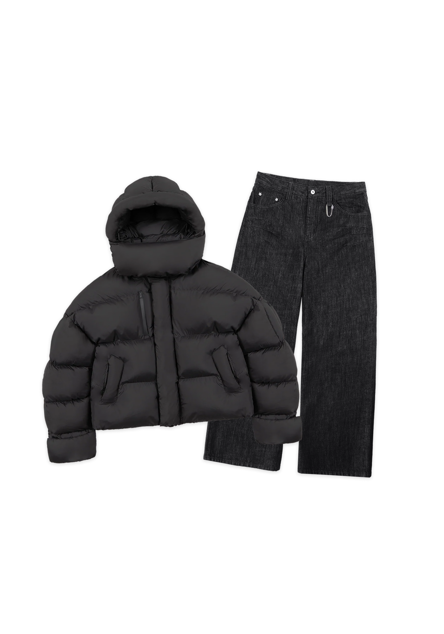 Black Puffer Jacket x Raw Denim Jeans Black