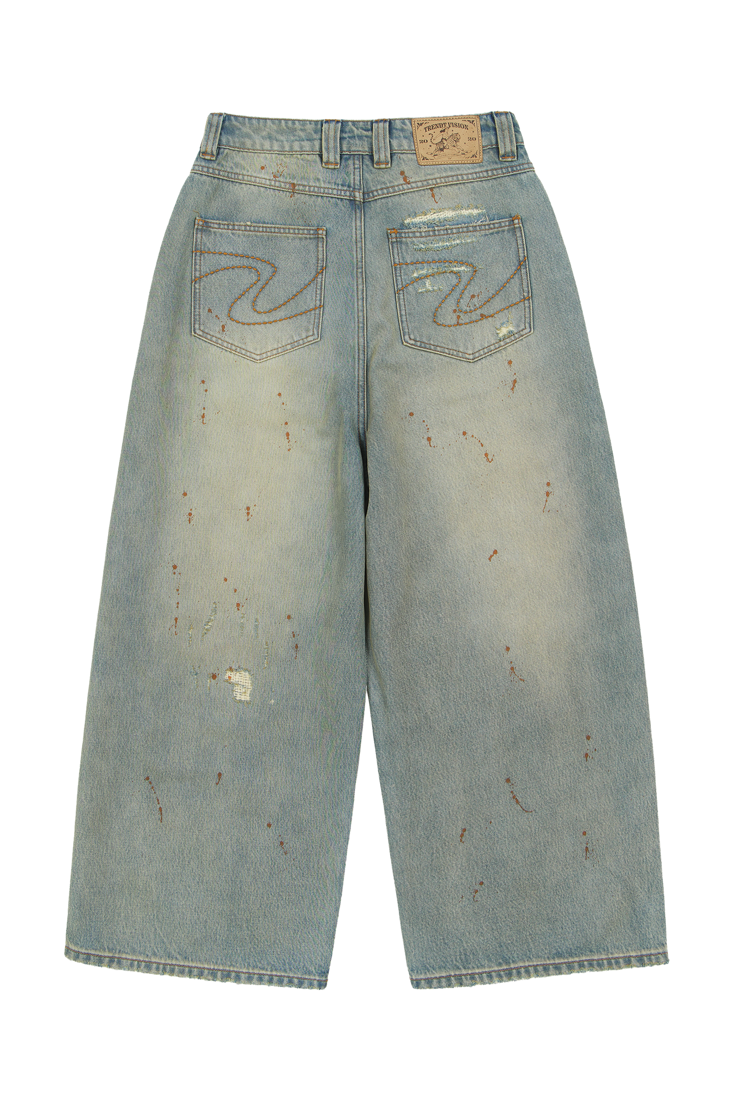 Repaired Construction Denim Jeans Blue