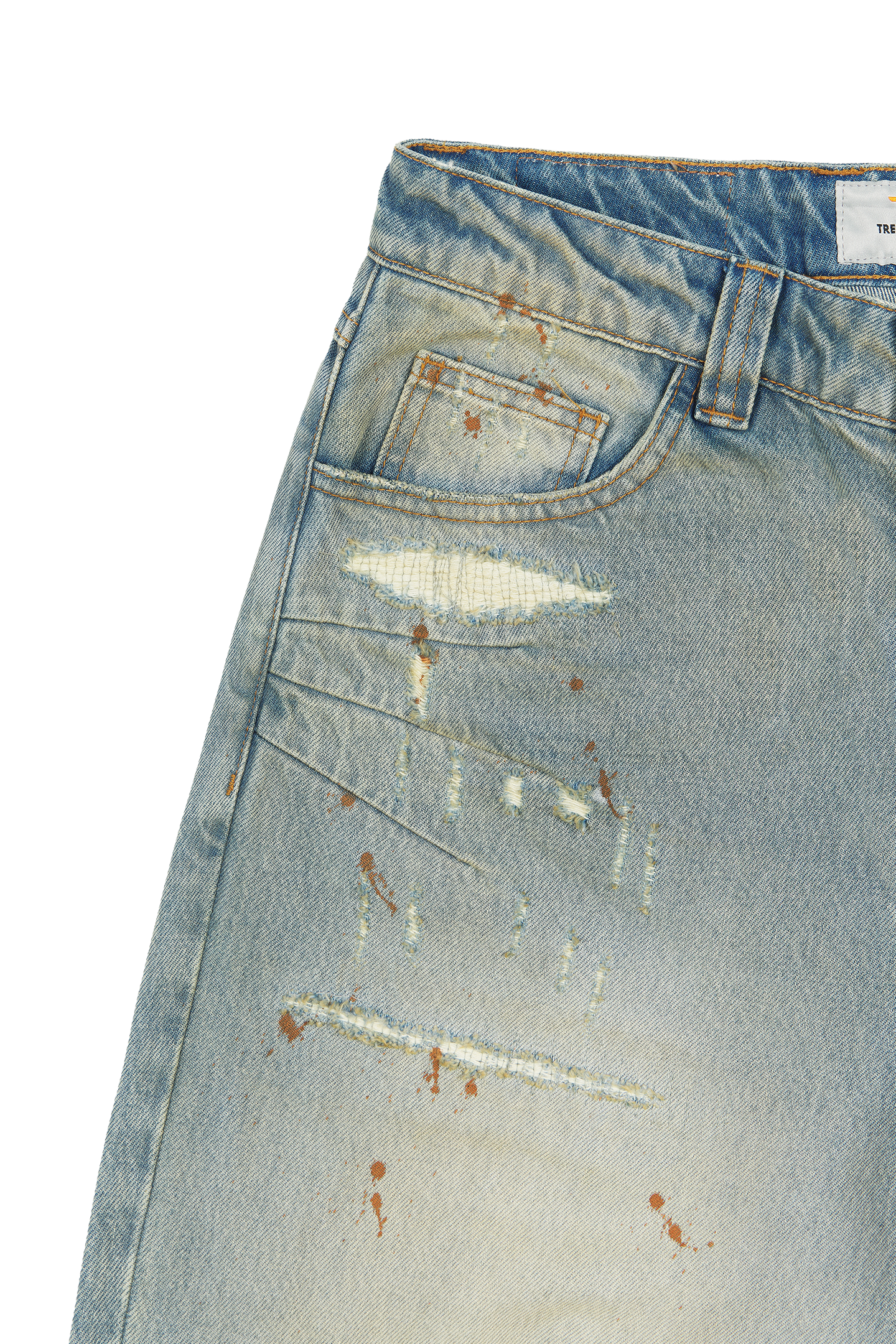 Repaired Construction Denim Jeans Blue