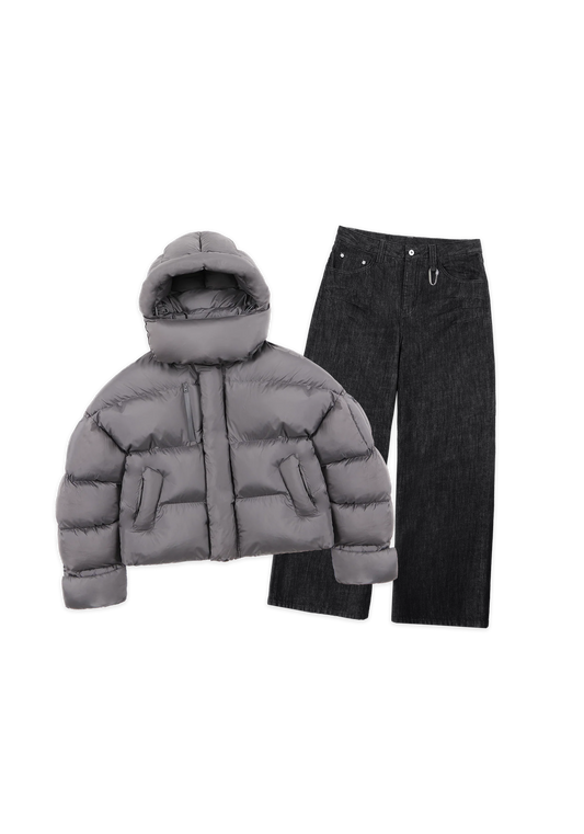 Anthracite Puffer Jacket x Raw Denim Jeans Black