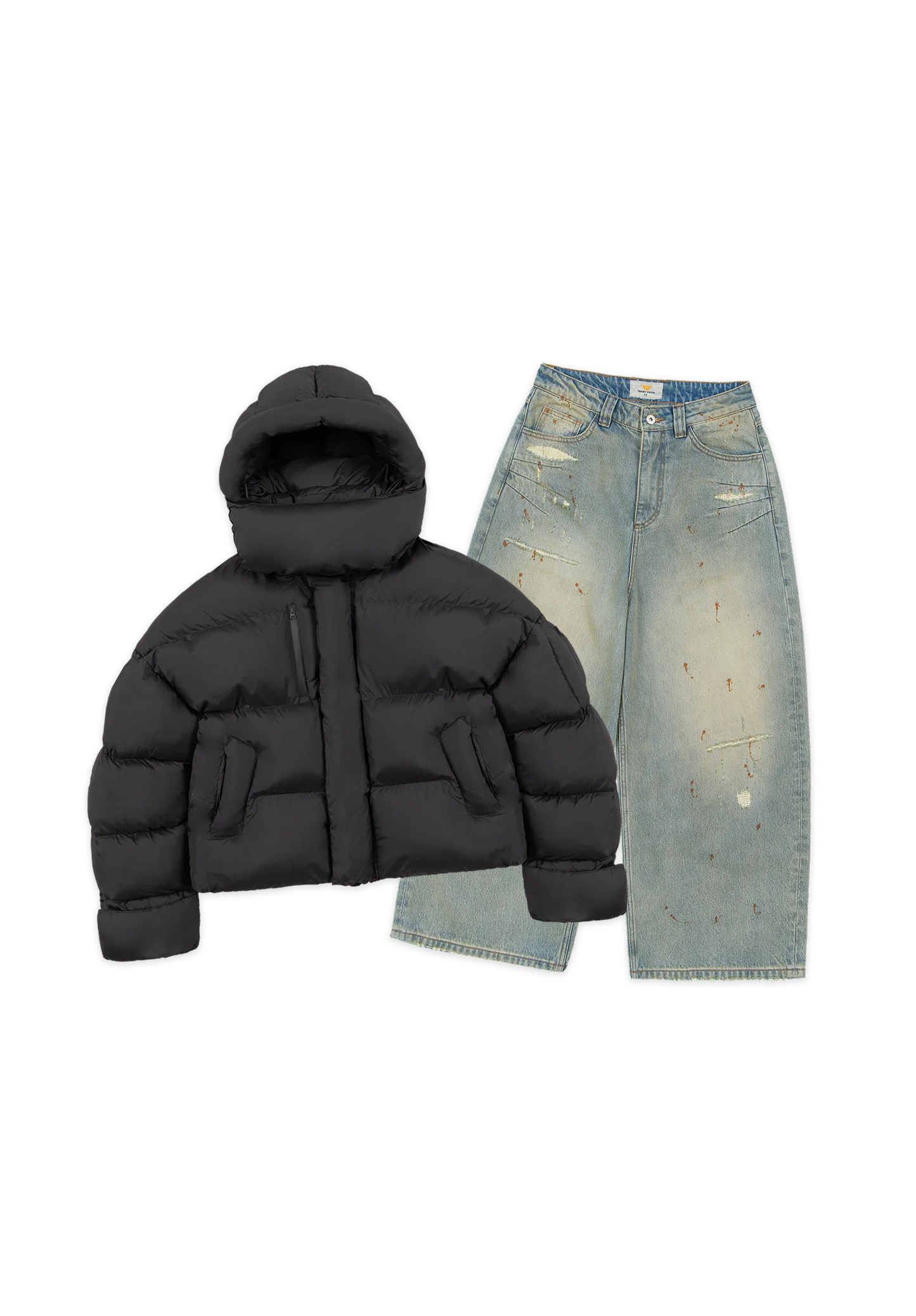 Black Puffer Jacket x Repaired Construction Denim