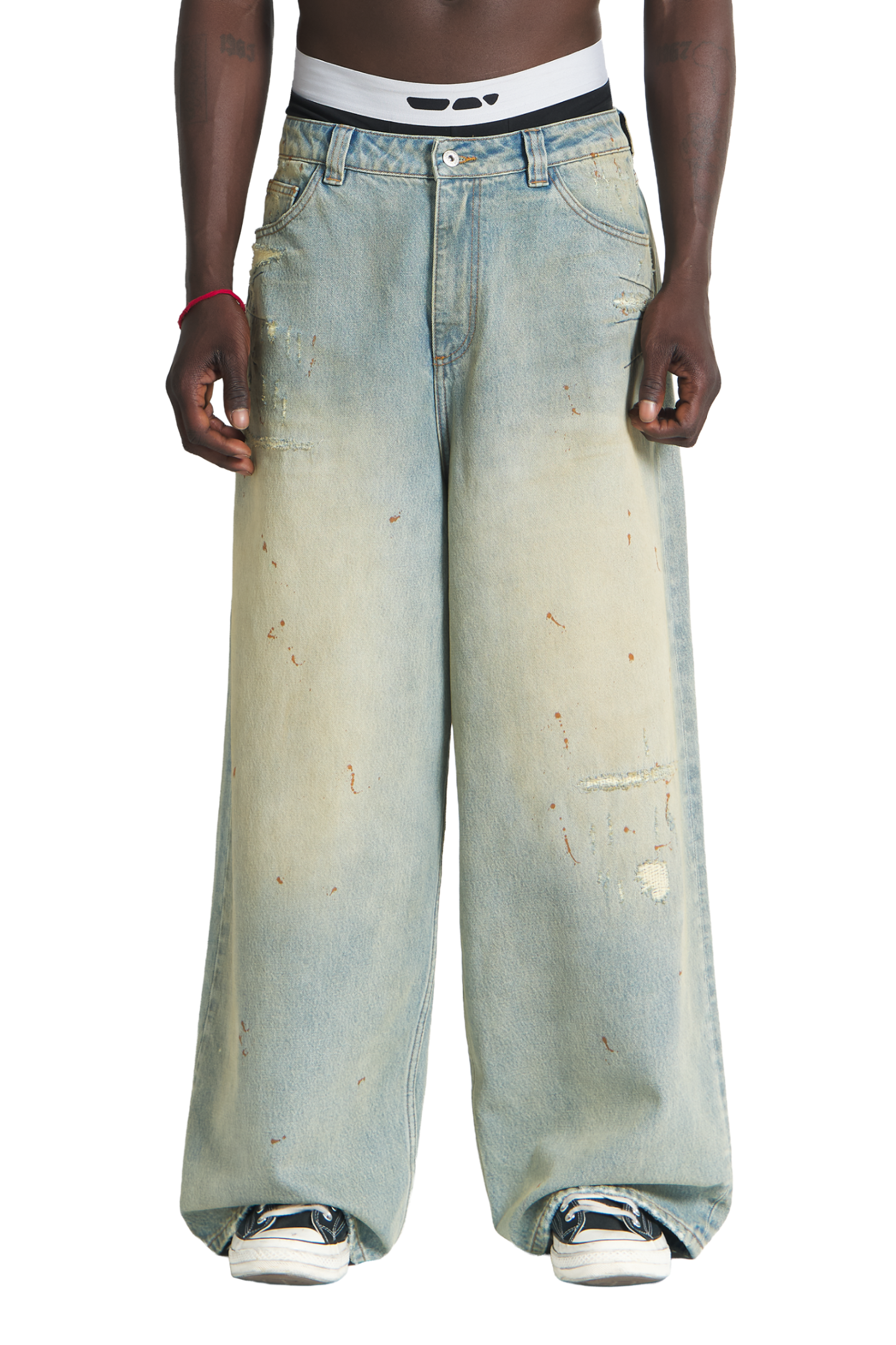 Repaired Construction Denim Jeans Blue