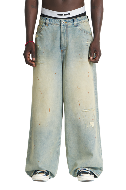 Repaired Construction Denim Jeans Blue