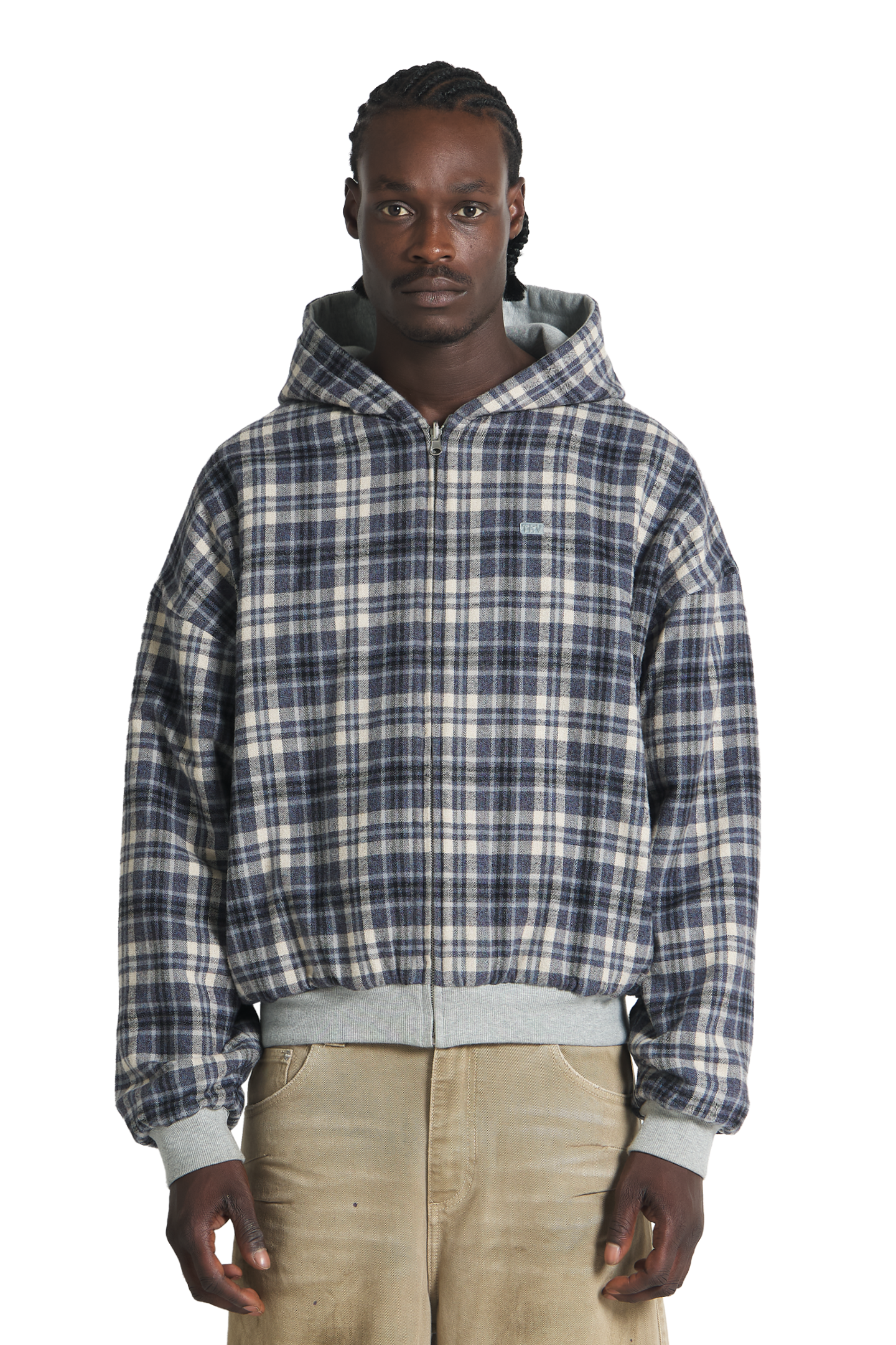 Reversible Flannel Zip-Hoodie Grey Blue