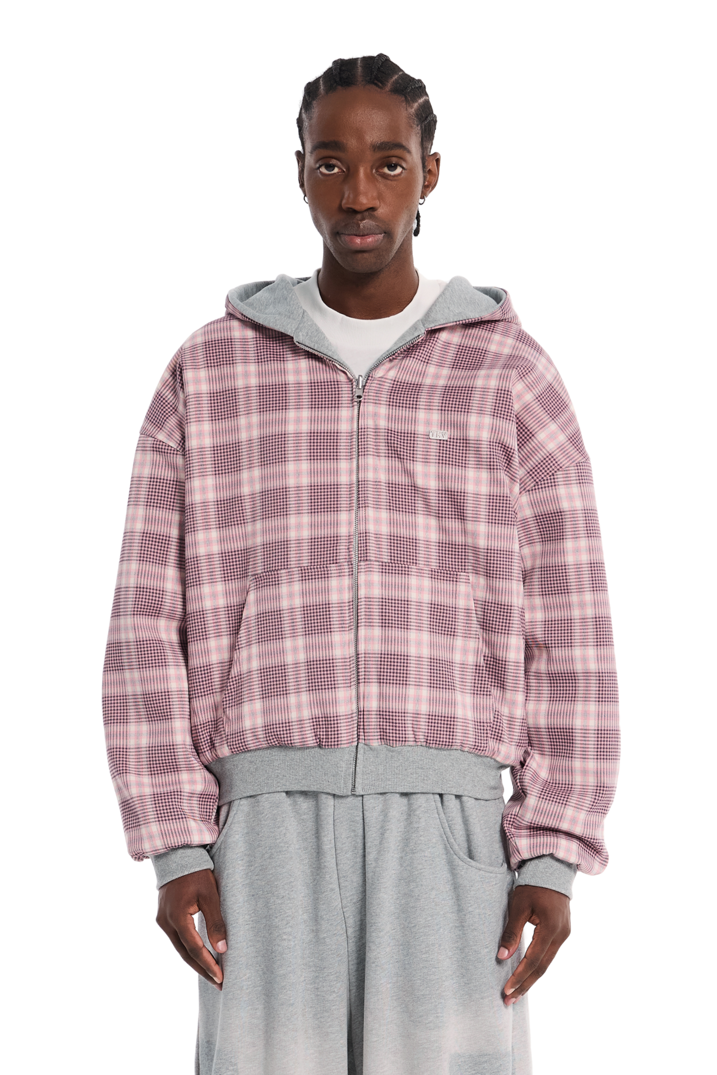 Reversible Flannel Zip-Hoodie Pink