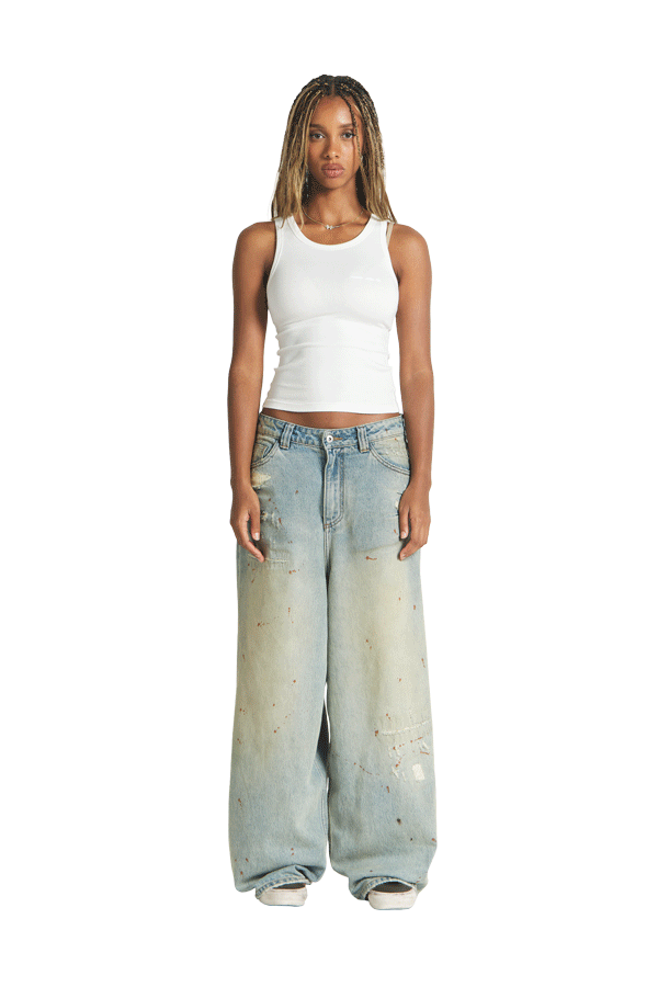 Repaired Construction Denim Jeans Blue