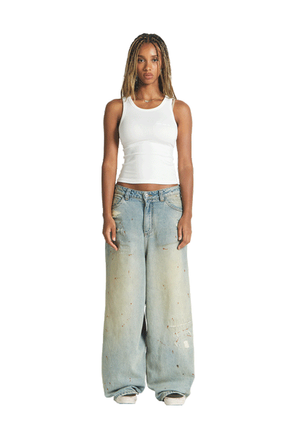 Repaired Construction Denim Jeans Blue