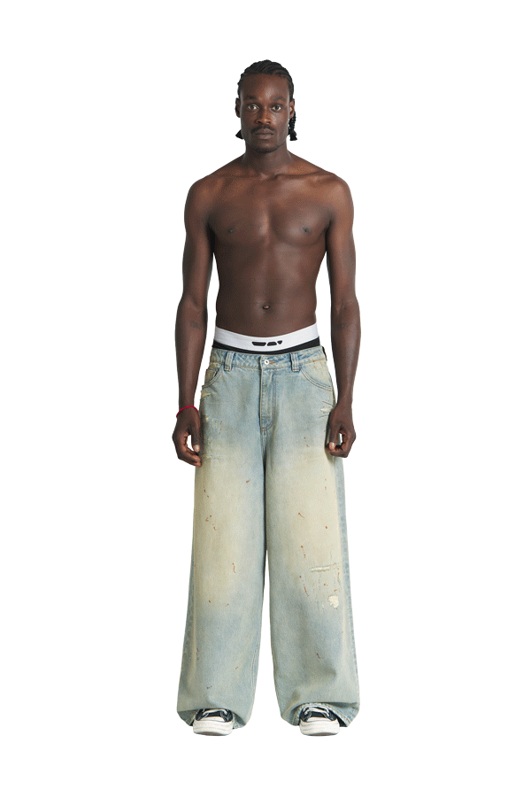 Repaired Construction Denim Jeans Blue