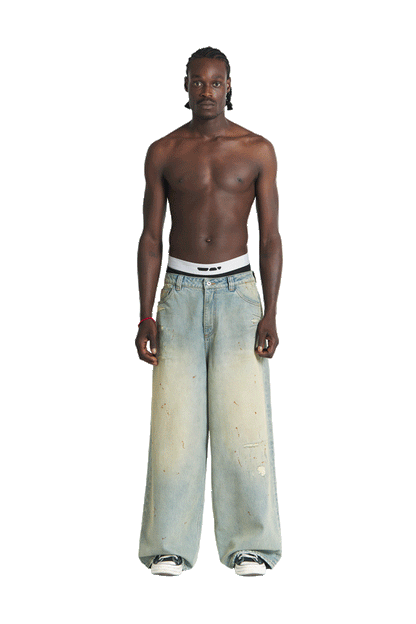 Repaired Construction Denim Jeans Blue