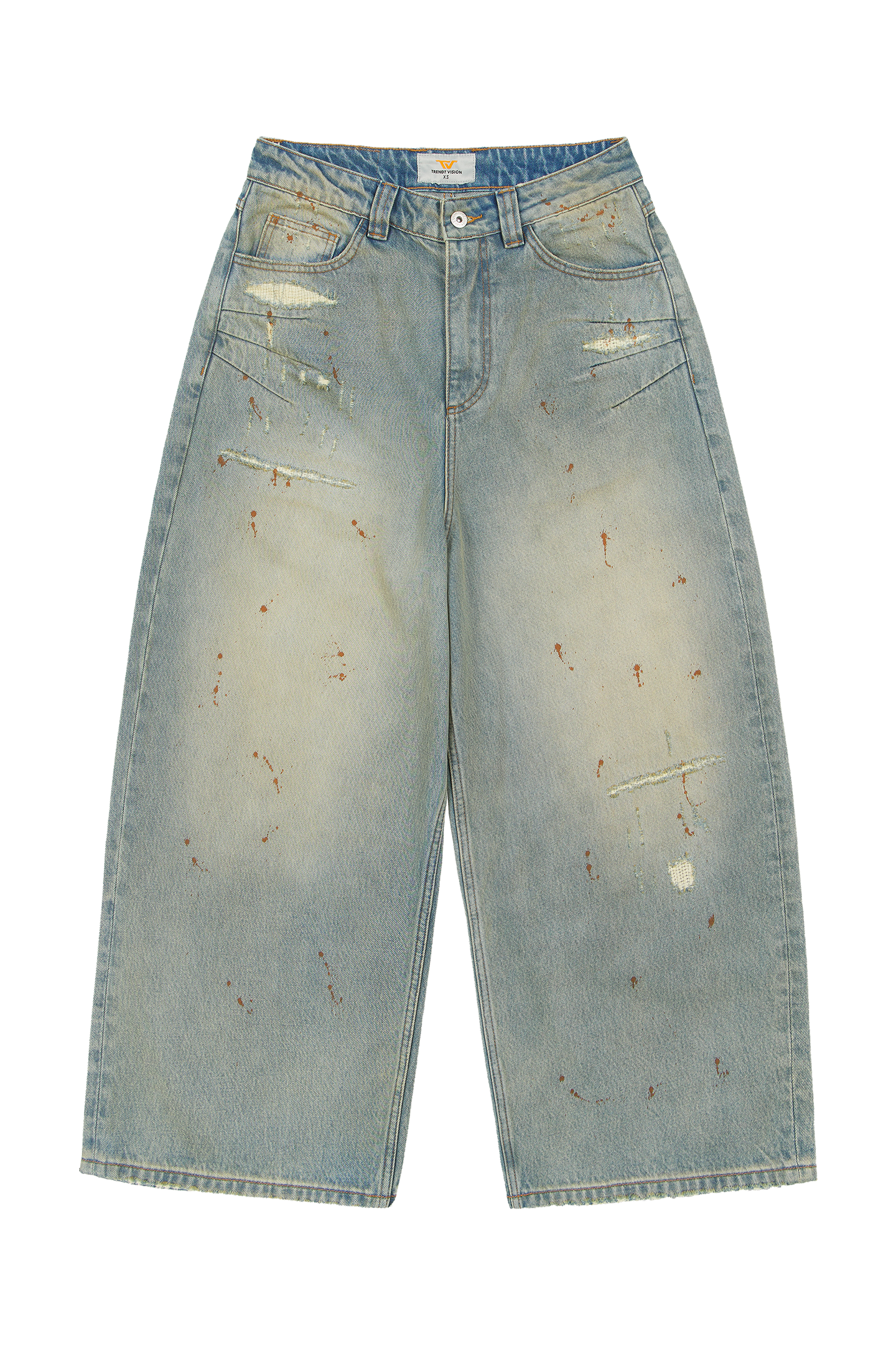 Repaired Construction Denim Jeans Blue