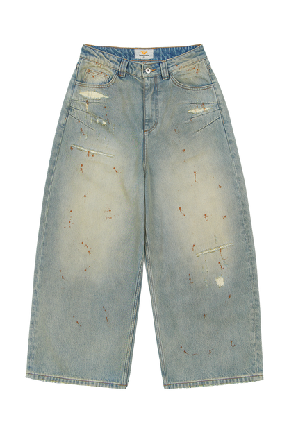 Repaired Construction Denim Jeans Blue