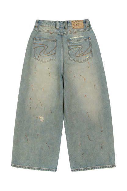 Repaired Construction Denim Jeans Blue