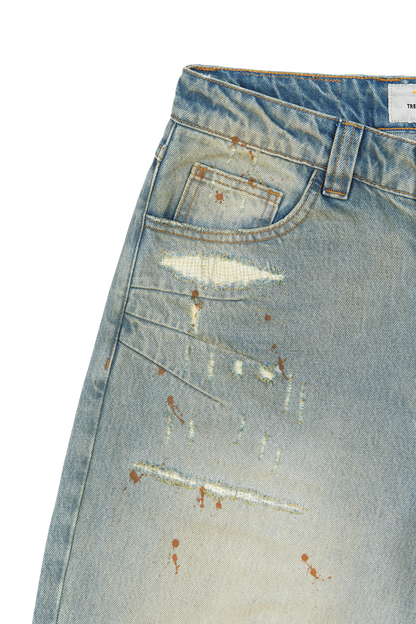 Repaired Construction Denim Jeans Blue