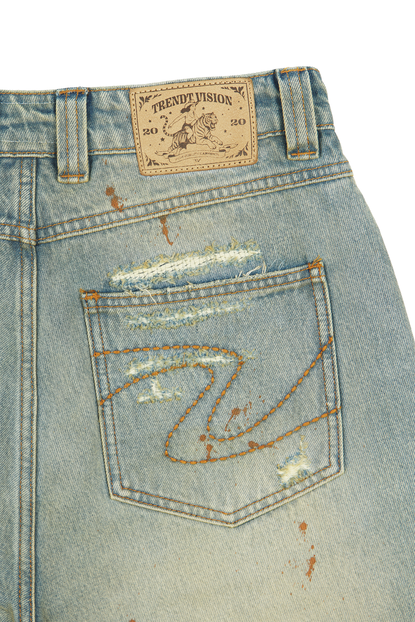 Repaired Construction Denim Jeans Blue