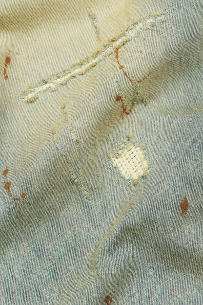 Repaired Construction Denim Jeans Blue